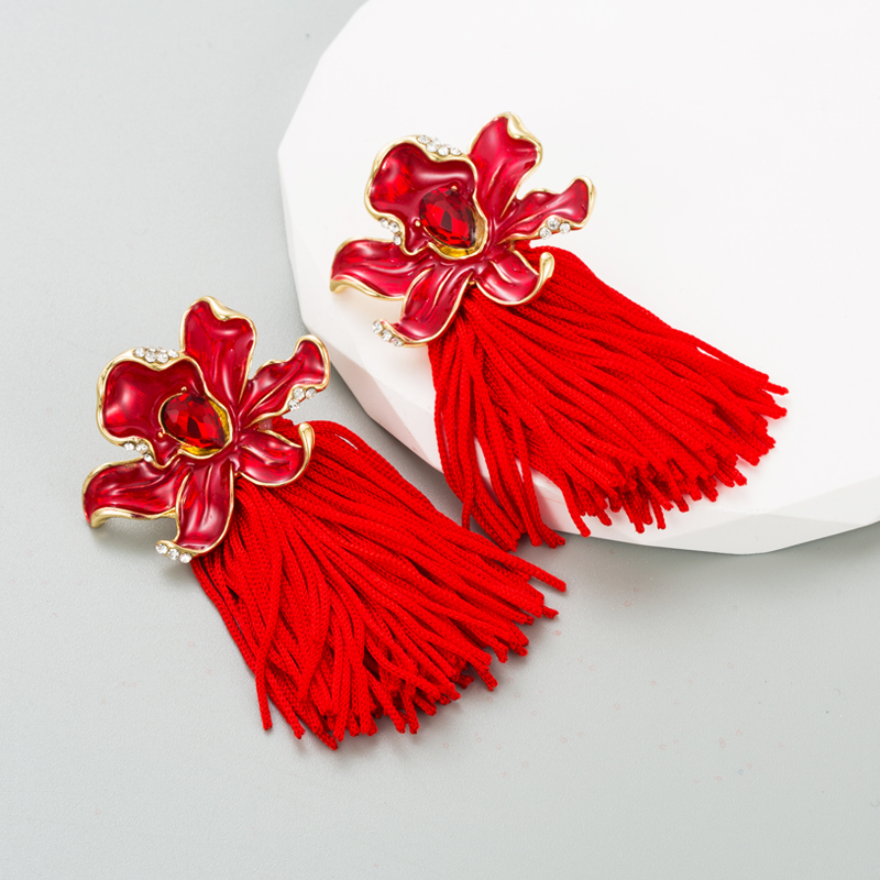 Ethnic Style Flower Alloy Tassel Enamel Rhinestones Womenu0027S Drop Earrings 1 Pair