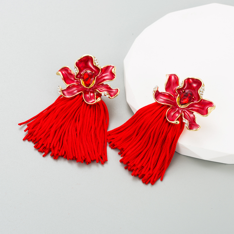 Ethnic Style Flower Alloy Tassel Enamel Rhinestones Womenu0027S Drop Earrings 1 Pair