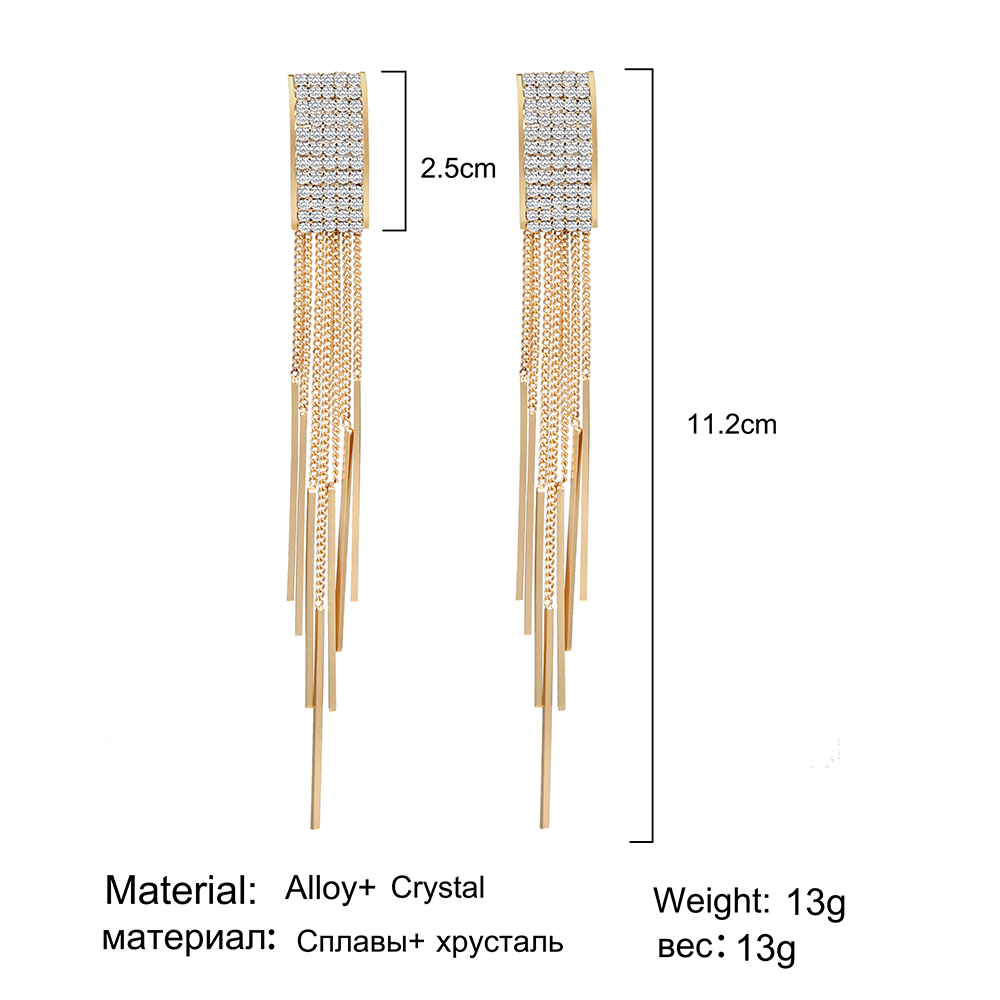 Fashion Rhombus Rectangle Copper Tassel Inlay Rhinestones Drop Earrings 1 Pair