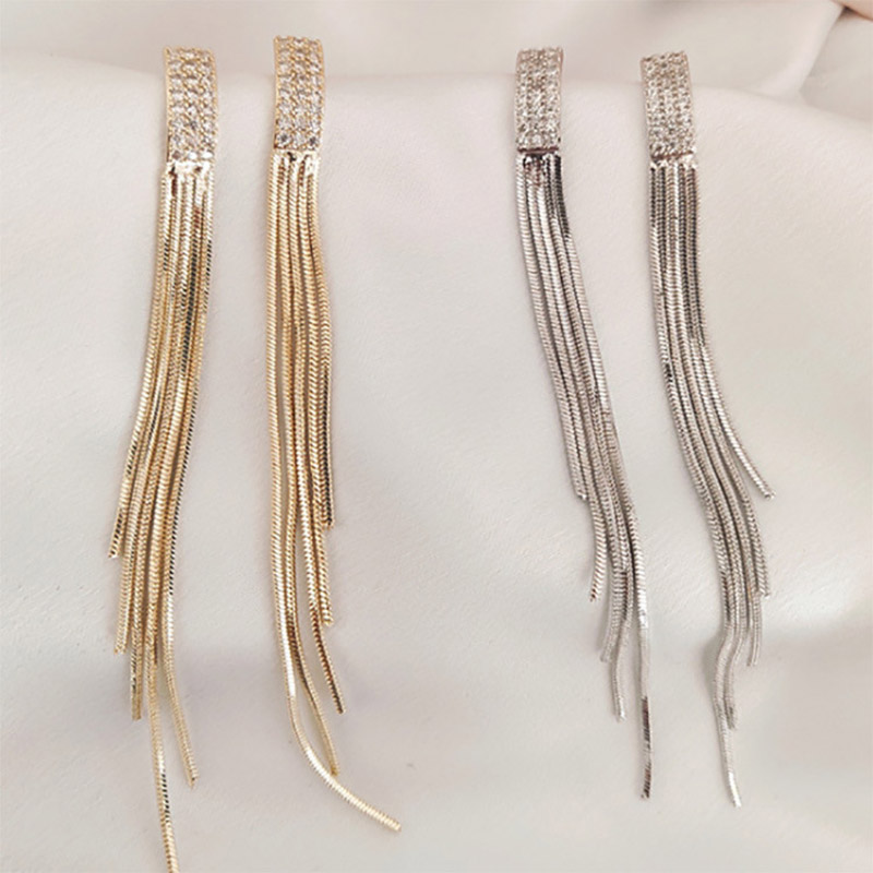Fashion Rhombus Rectangle Copper Tassel Inlay Rhinestones Drop Earrings 1 Pair