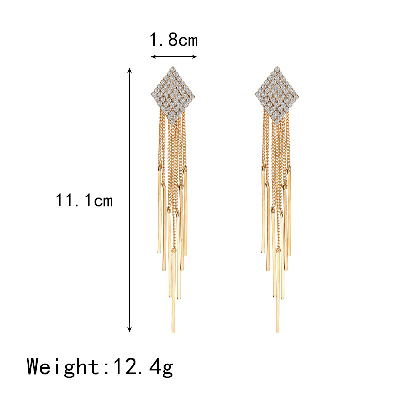 Fashion Rhombus Rectangle Copper Tassel Inlay Rhinestones Drop Earrings 1 Pair