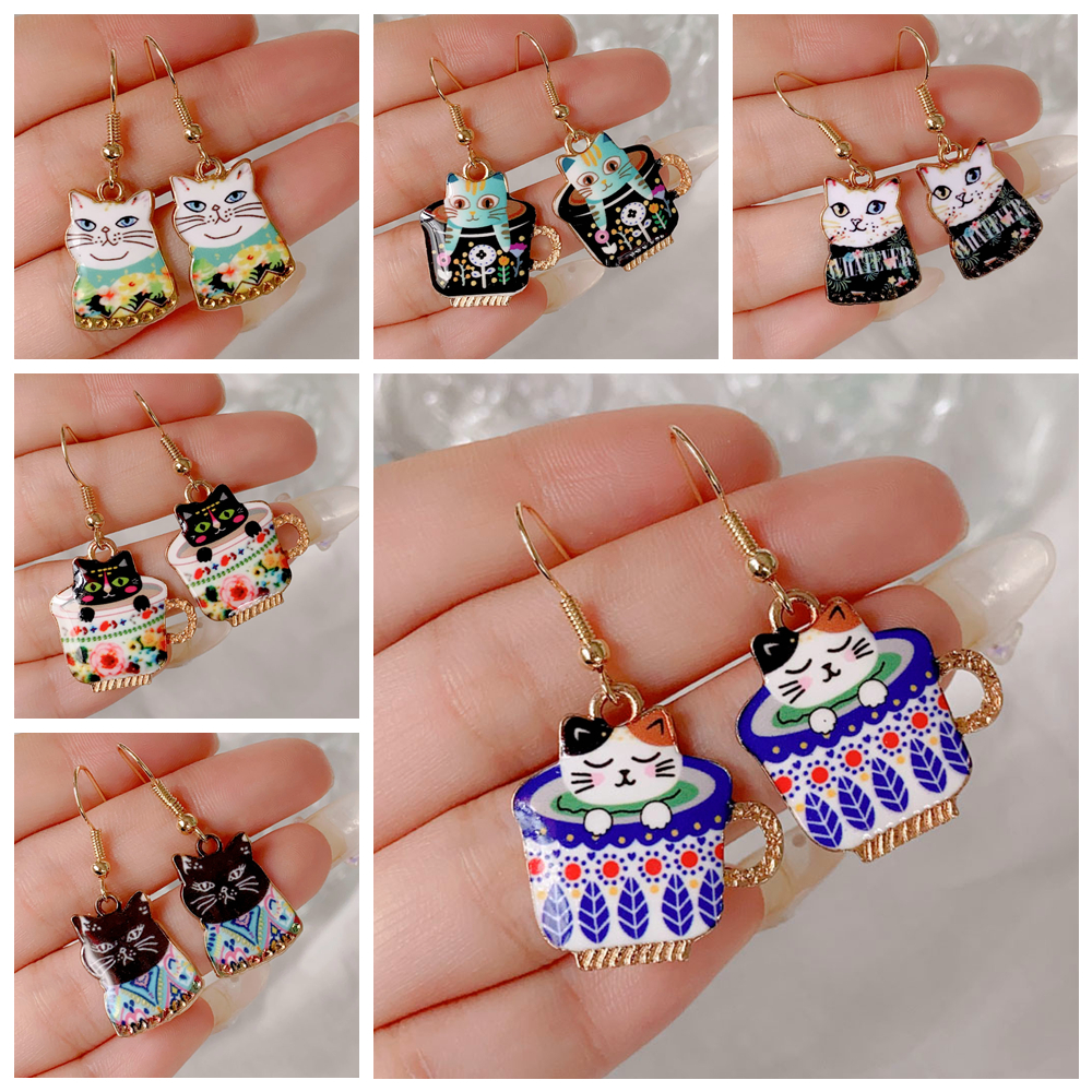 Cute Animal Cat Alloy Enamel Womenu0027S Drop Earrings 1 Pair