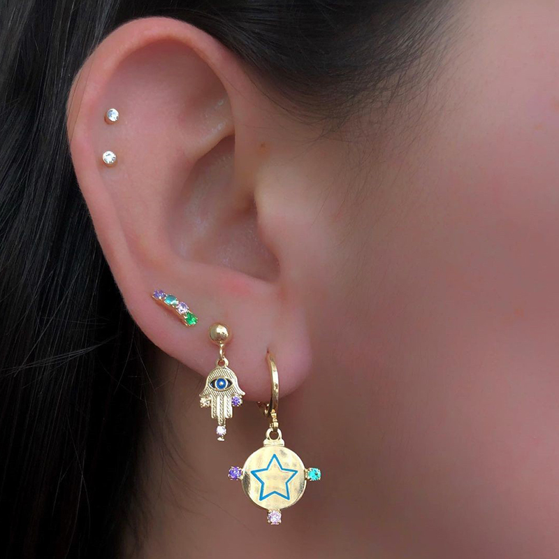 Retro Devilu0027S Eye Palm Star Copper Gold Plated Inlay Zircon Drop Earrings 1 Pair