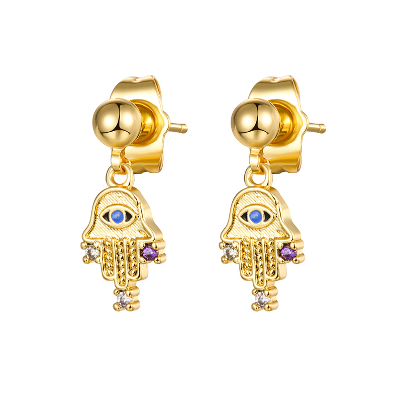 Retro Devilu0027S Eye Palm Star Copper Gold Plated Inlay Zircon Drop Earrings 1 Pair