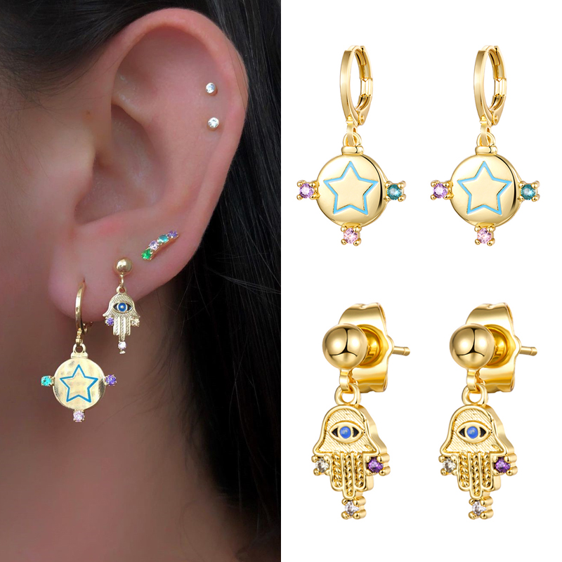 Retro Devilu0027S Eye Palm Star Copper Gold Plated Inlay Zircon Drop Earrings 1 Pair