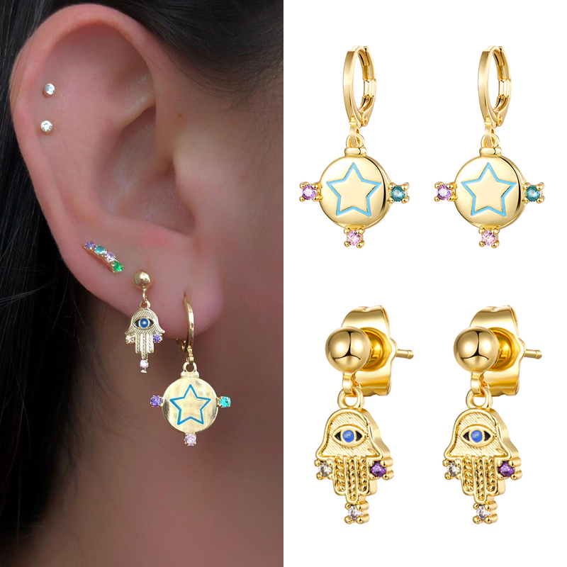 Retro Devilu0027S Eye Palm Star Copper Gold Plated Inlay Zircon Drop Earrings 1 Pair