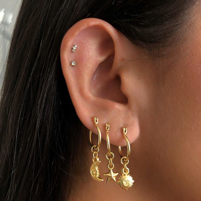 Vintage Style Sun Star Moon Copper Gold Plated Three-dimensional Drop Earrings 1 Pair