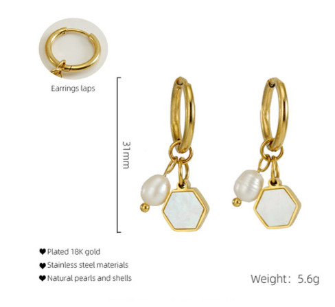 Fashion Hexagon Pearl Inlay Pearl Shell Drop Earrings 1 Pair