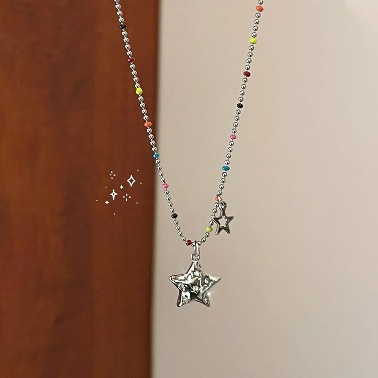Fashion Pentagram Stainless Steel Beaded Rhinestones Zircon Necklace 1 Piece