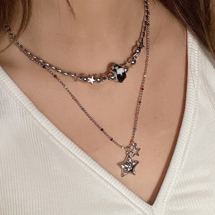 Fashion Pentagram Stainless Steel Beaded Rhinestones Zircon Necklace 1 Piece