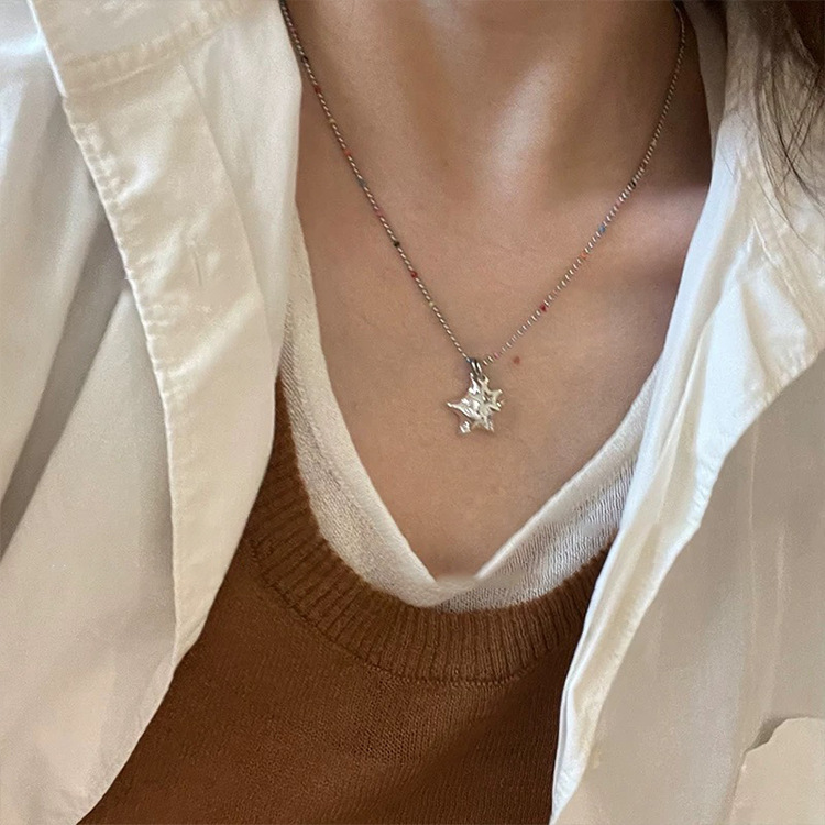 Fashion Pentagram Stainless Steel Beaded Rhinestones Zircon Necklace 1 Piece