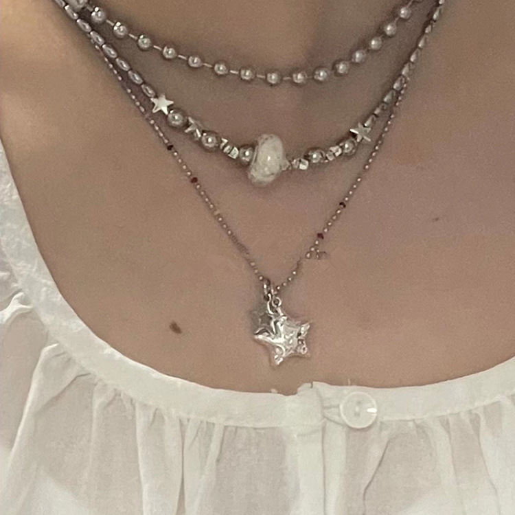 Fashion Pentagram Stainless Steel Beaded Rhinestones Zircon Necklace 1 Piece