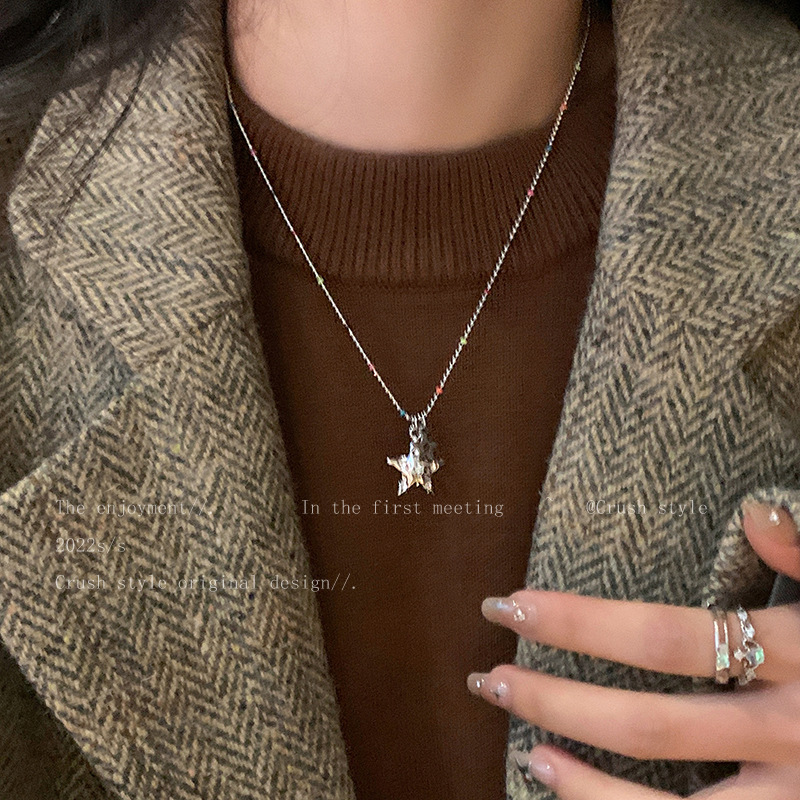 Fashion Pentagram Stainless Steel Beaded Rhinestones Zircon Necklace 1 Piece