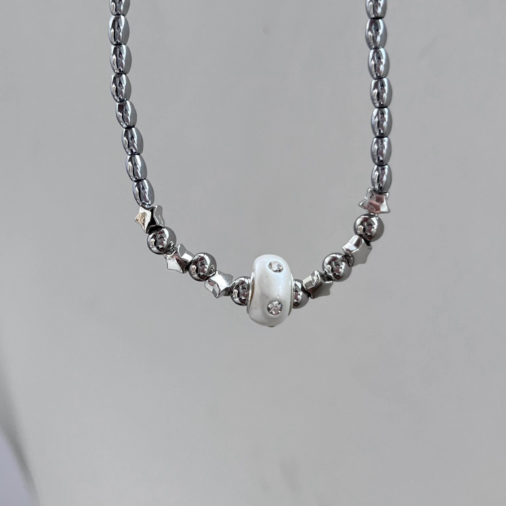 Fashion Pentagram Stainless Steel Beaded Rhinestones Zircon Necklace 1 Piece
