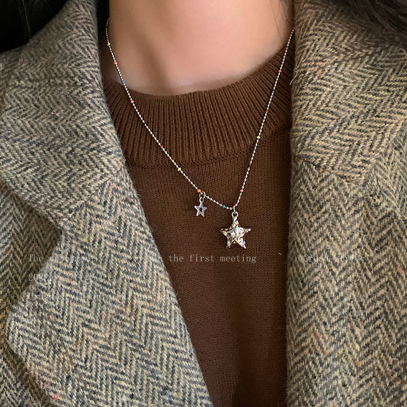Fashion Pentagram Stainless Steel Beaded Rhinestones Zircon Necklace 1 Piece