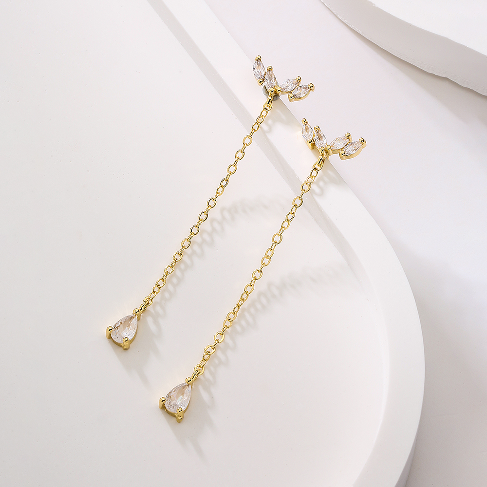 Fashion Leaf Water Droplets Copper Gold Plated Zircon Drop Earrings 1 Pair
