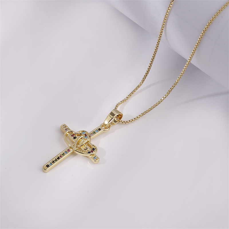 Luxurious Cross Copper Inlay Zircon Pendant Necklace 1 Piece