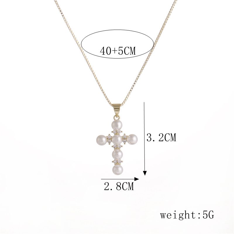 Luxurious Cross Copper Inlay Artificial Pearls Zircon Pendant Necklace 1 Piece