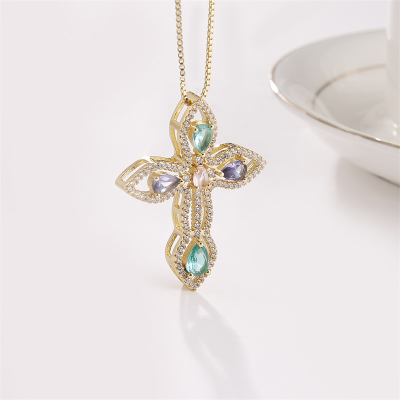 Fashion Cross Copper Inlay Zircon Pendant Necklace 1 Piece