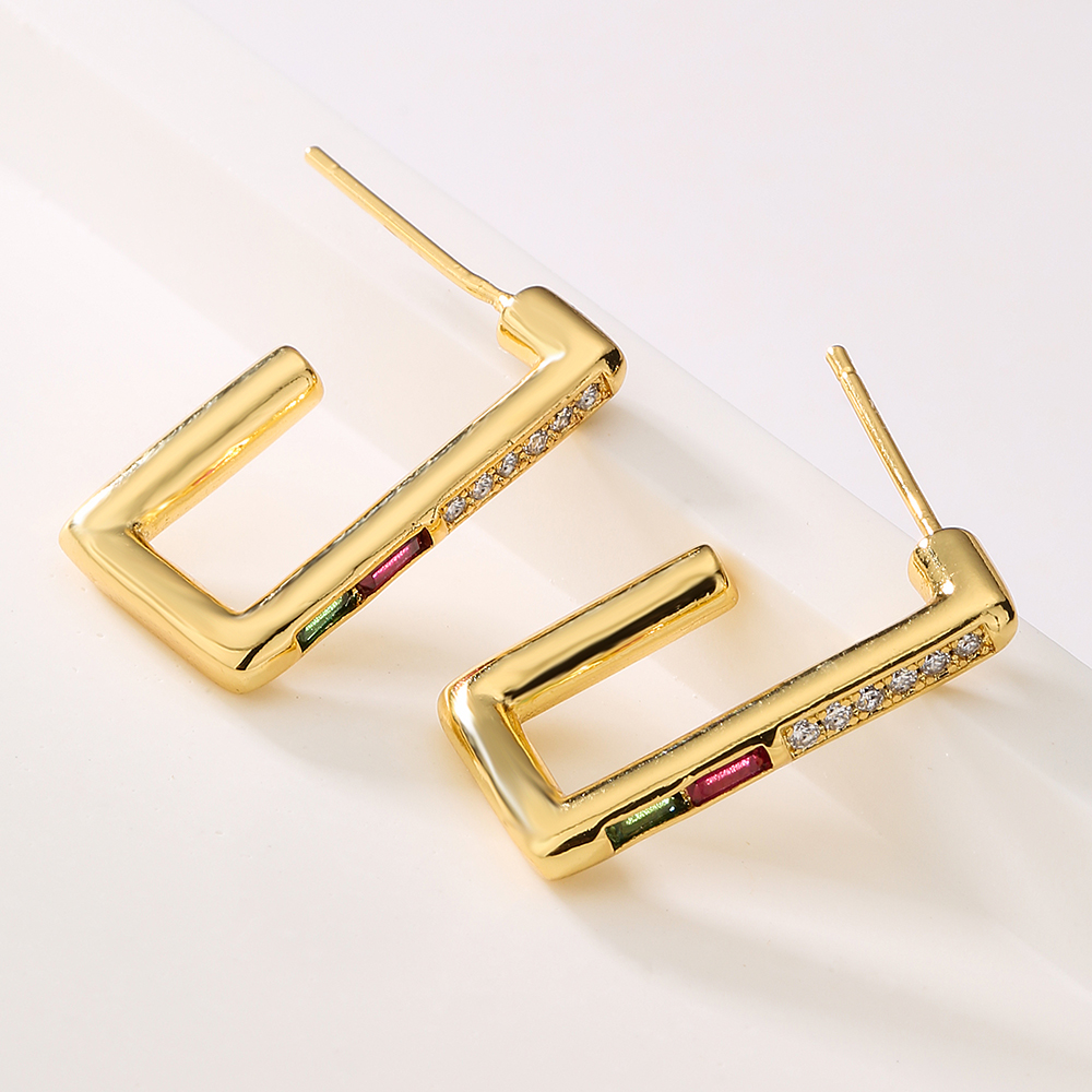 Fashion Square Copper Gold Plated Zircon Ear Studs 1 Pair