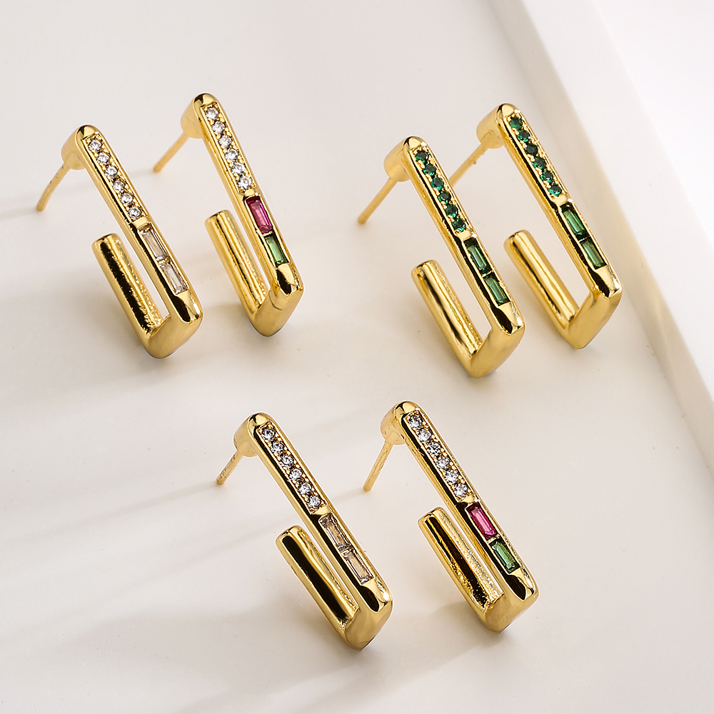 Fashion Square Copper Gold Plated Zircon Ear Studs 1 Pair
