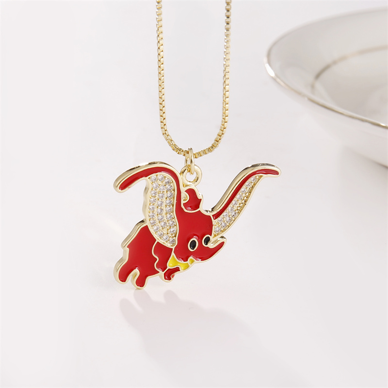 Cute Elephant Copper Enamel Zircon Pendant Necklace 1 Piece