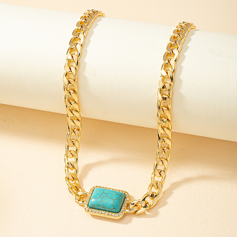 Ethnic Style Quadrilateral Alloy Inlay Gem Turquoise Womenu0027S Choker 1 Piece