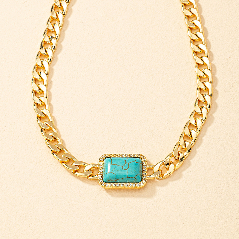 Ethnic Style Quadrilateral Alloy Inlay Gem Turquoise Womenu0027S Choker 1 Piece
