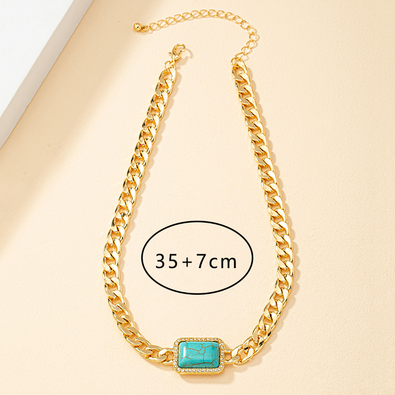 Ethnic Style Quadrilateral Alloy Inlay Gem Turquoise Womenu0027S Choker 1 Piece