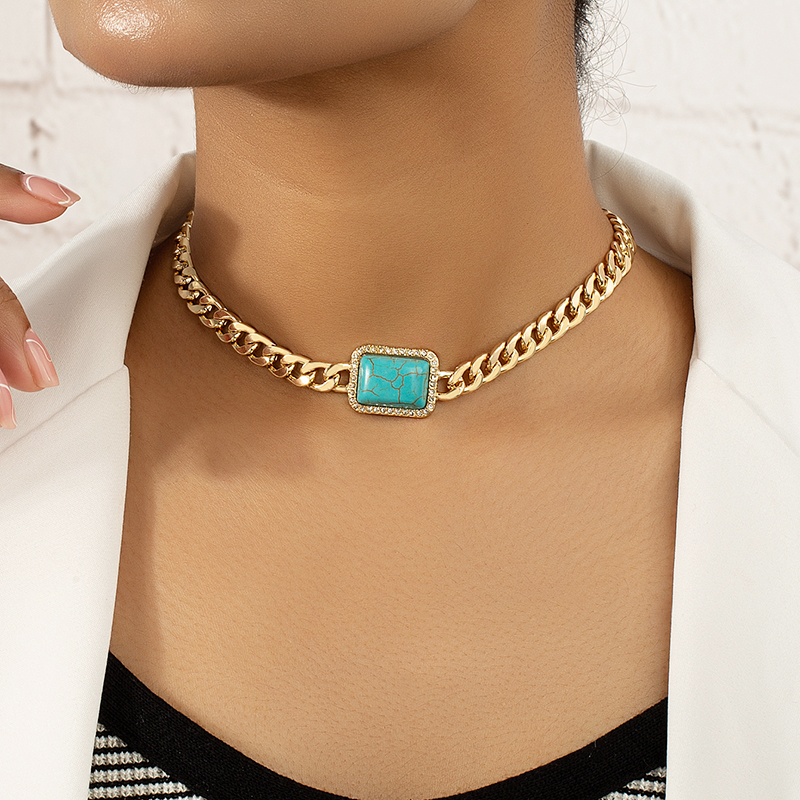 Ethnic Style Quadrilateral Alloy Inlay Gem Turquoise Womenu0027S Choker 1 Piece