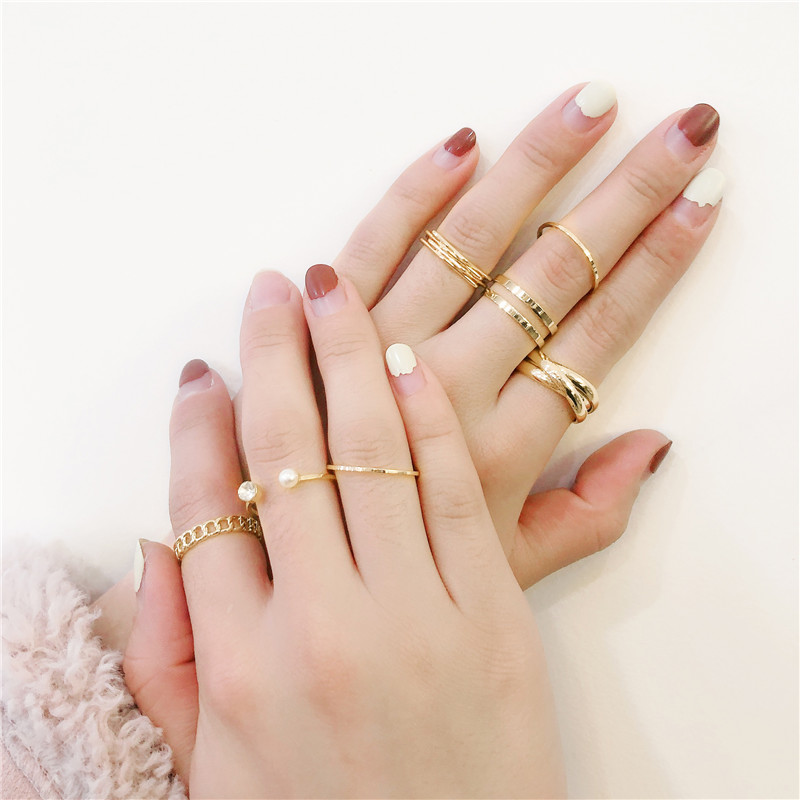 Simple Style Geometric Alloy Inlay Artificial Pearls Womenu0027S Rings 7 Pieces