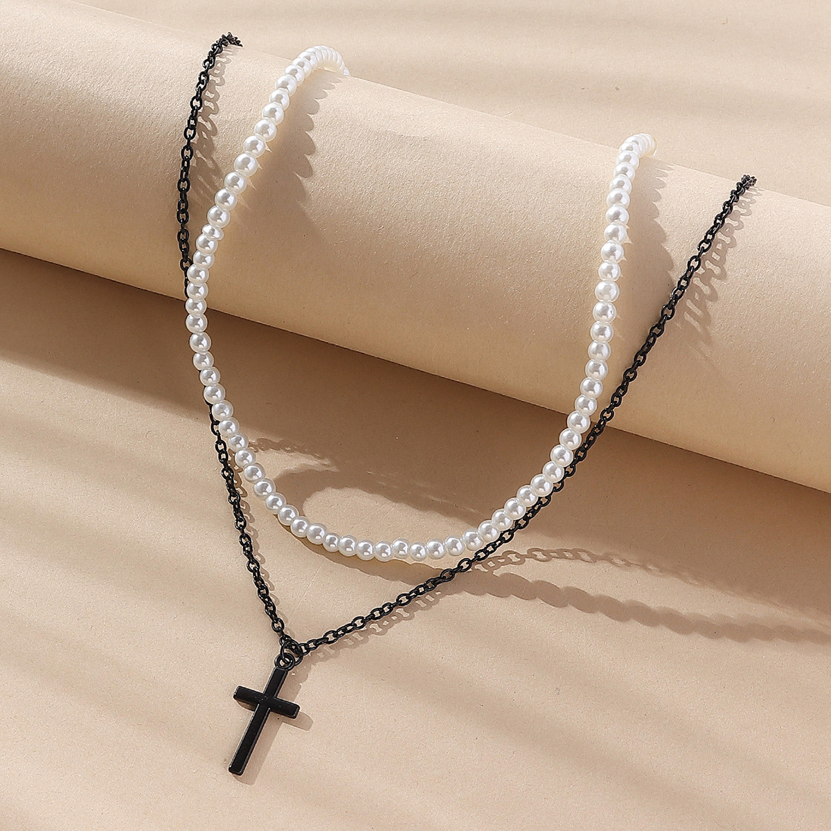 Fashion Cross Imitation Pearl Alloy Beaded Womenu0027S Pendant Necklace 1 Set