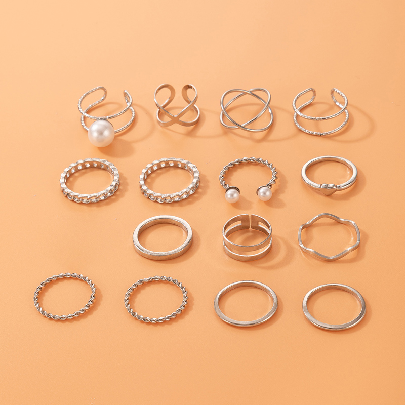 Simple Style Heart Shape Alloy Plating Artificial Pearls Womenu0027S Rings 15 Pieces