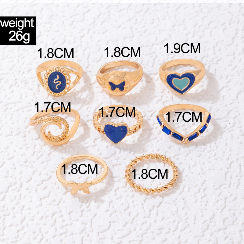 Fashion Heart Shape Snake Butterfly Alloy Enamel Plating Womenu0027S Rings 8 Pieces