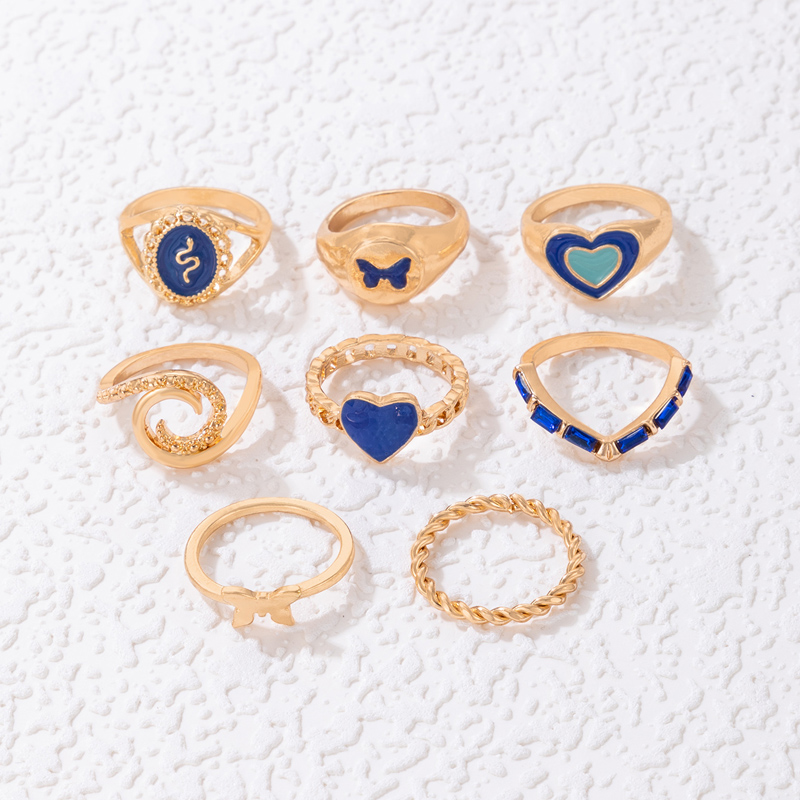 Fashion Heart Shape Snake Butterfly Alloy Enamel Plating Womenu0027S Rings 8 Pieces