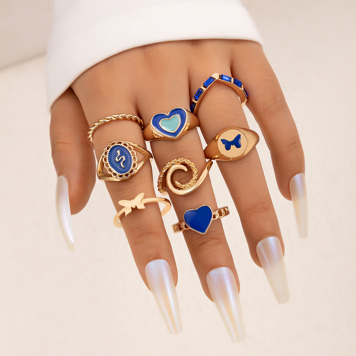 Fashion Heart Shape Snake Butterfly Alloy Enamel Plating Womenu0027S Rings 8 Pieces