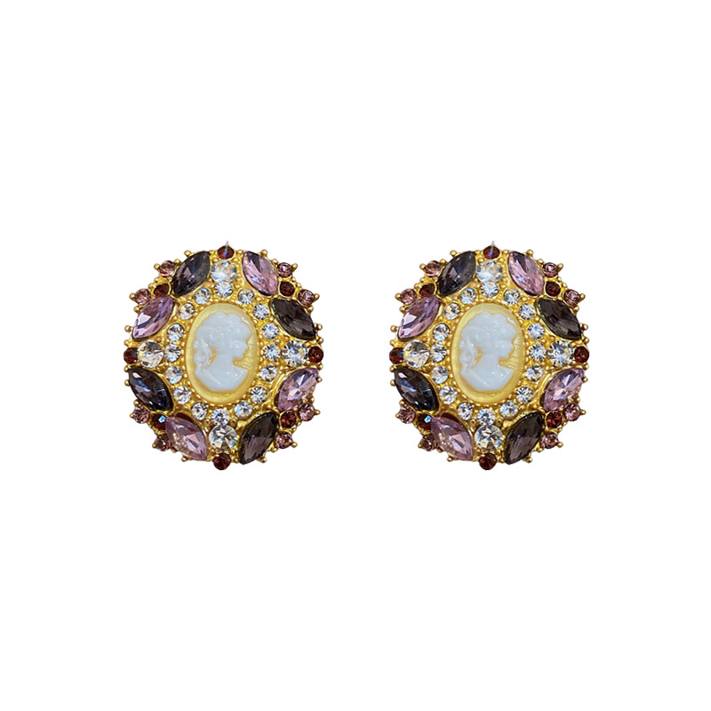 Retro Oval Copper Inlay Rhinestones Ear Studs 1 Pair