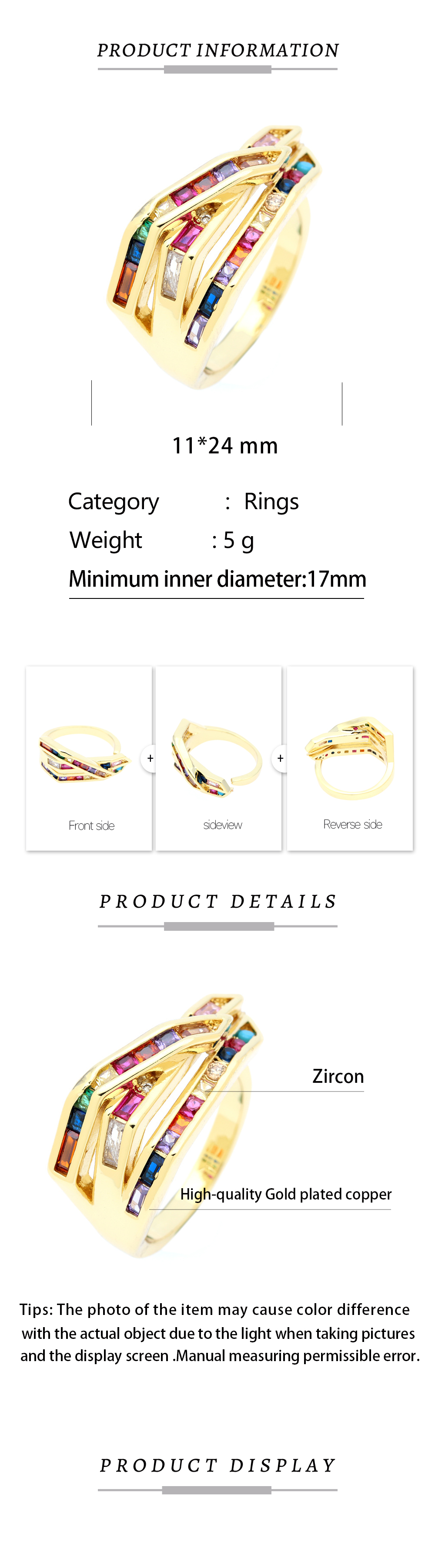 Hip-Hop Irregular Copper Gold Plated Zircon Open Ring 1 Piece