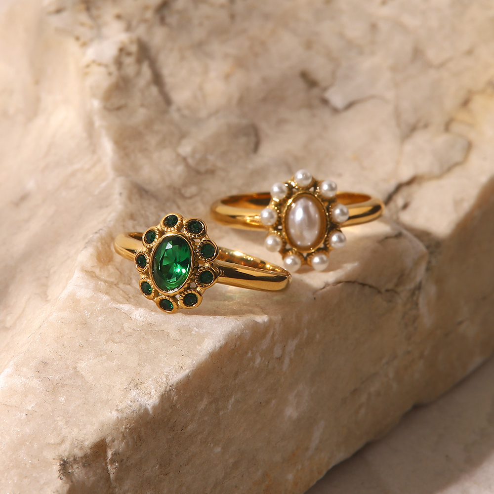 INS Style Flower Stainless Steel Inlay Zircon Rings 1 Piece