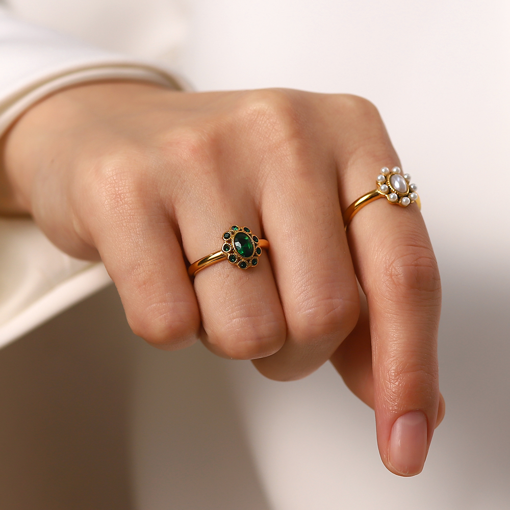 INS Style Flower Stainless Steel Inlay Zircon Rings 1 Piece