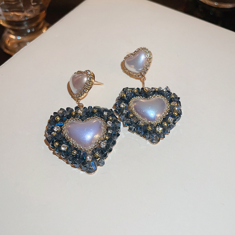 Fashion Heart Shape Copper Inlay Crystal Pearl Drop Earrings 1 Pair