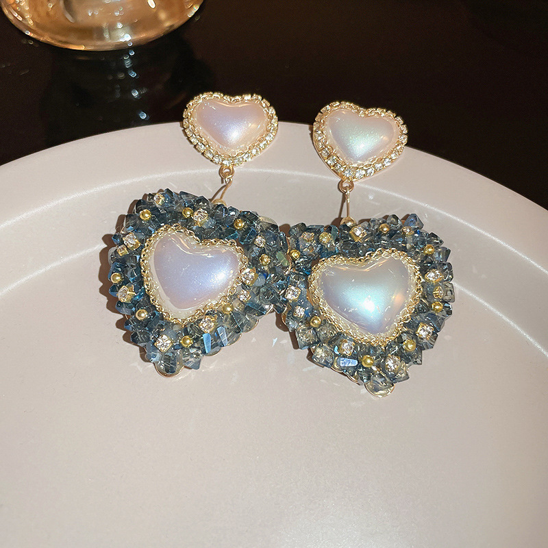 Fashion Heart Shape Copper Inlay Crystal Pearl Drop Earrings 1 Pair