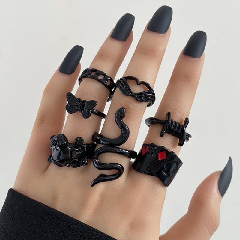 Hip-Hop Snake Bow Knot Frog Alloy Hollow Out Unisex Rings 7 Pieces