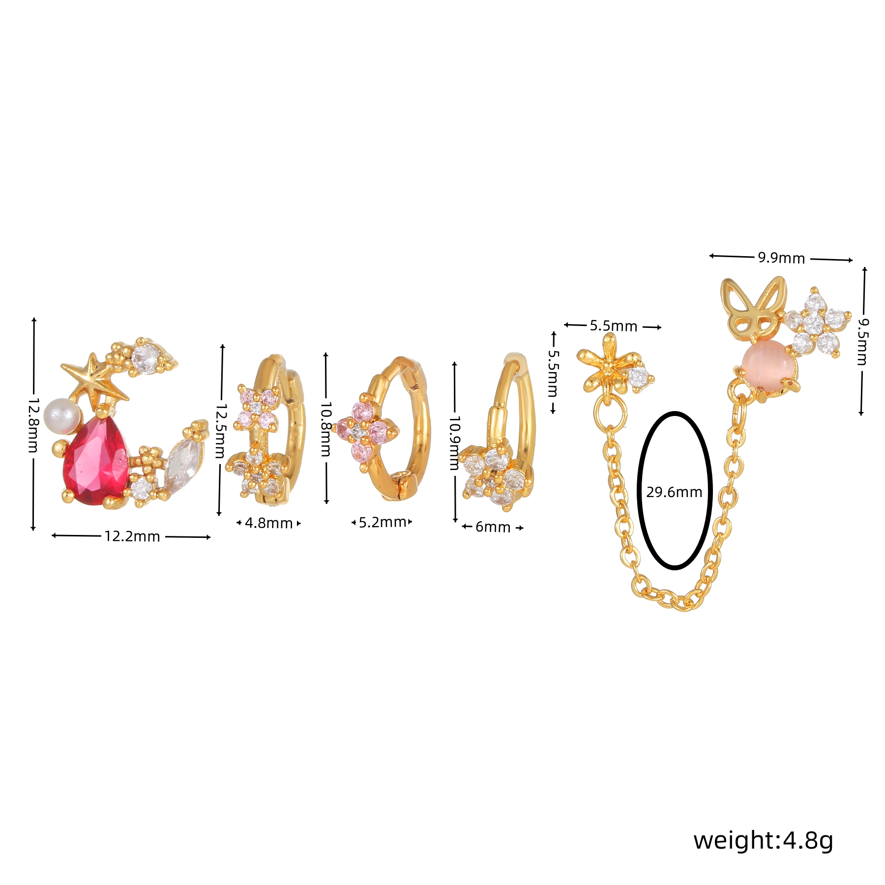 Fashion Rabbit Moon Flower Copper Inlay Zircon Earrings 5 Piece Set