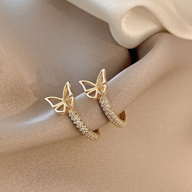 Simple Style Circle Butterfly Copper Hollow Out Inlay Zircon Ear Studs 1 Pair