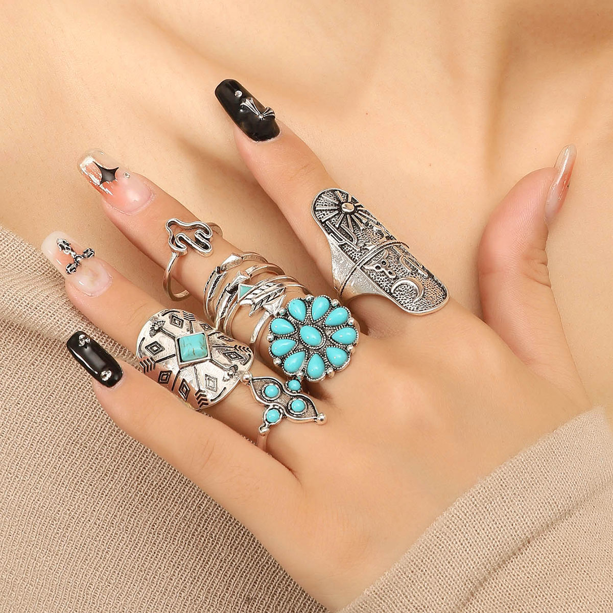 Ethnic Style Geometric Alloy Inlay Turquoise Womenu0027S Rings 9 Pieces