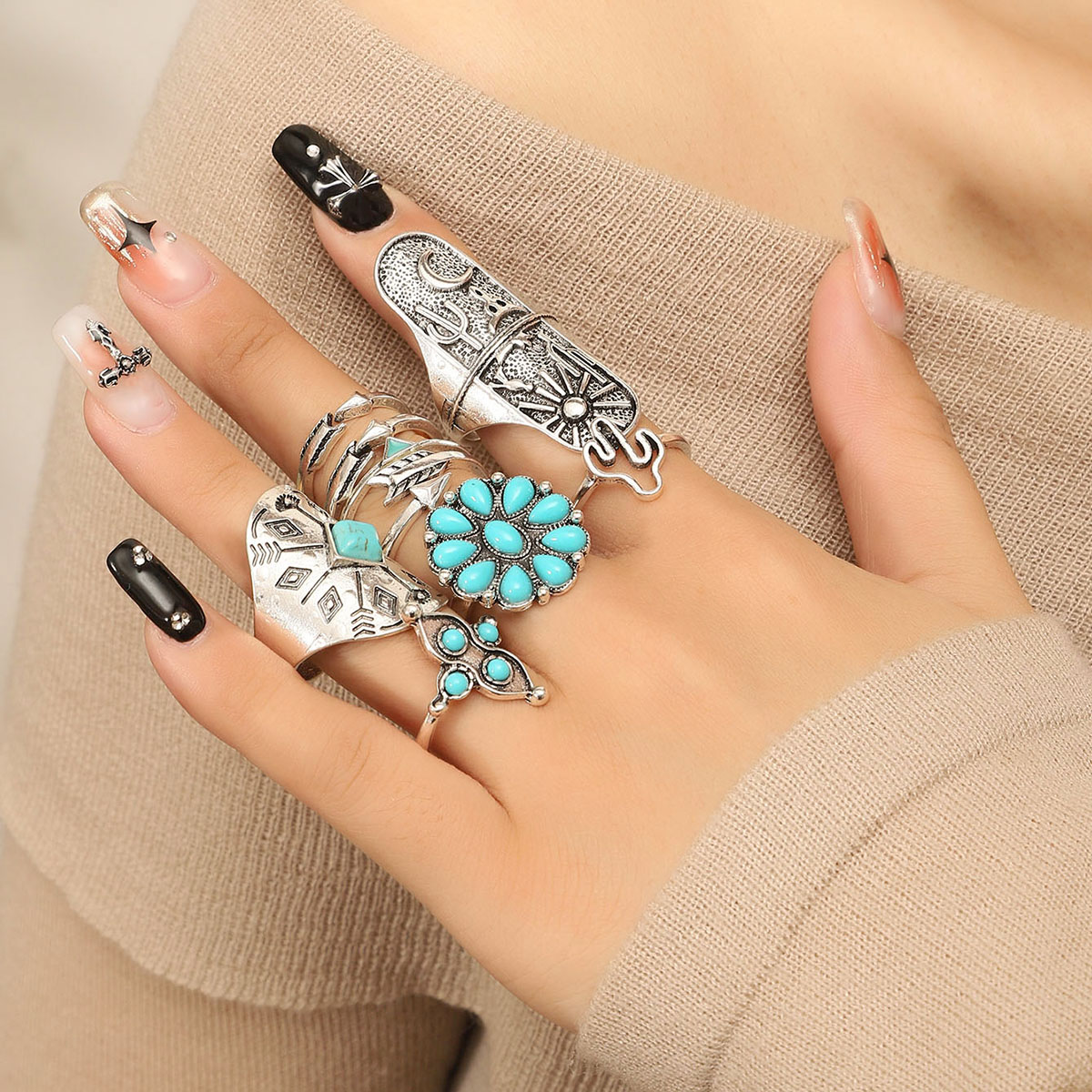 Ethnic Style Geometric Alloy Inlay Turquoise Womenu0027S Rings 9 Pieces