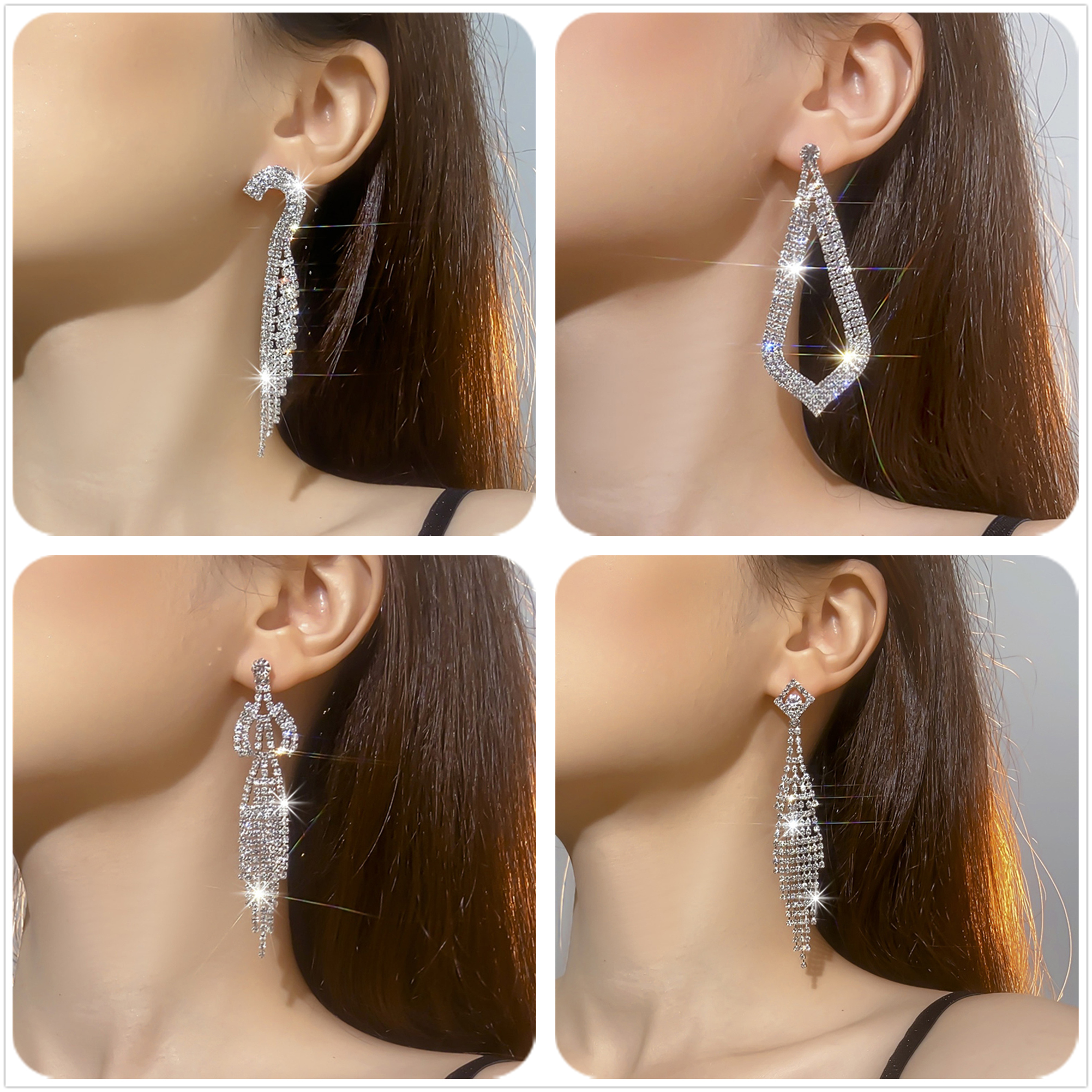 Exaggerated Geometric Rhinestone Tassel Drop Earrings 1 Pair