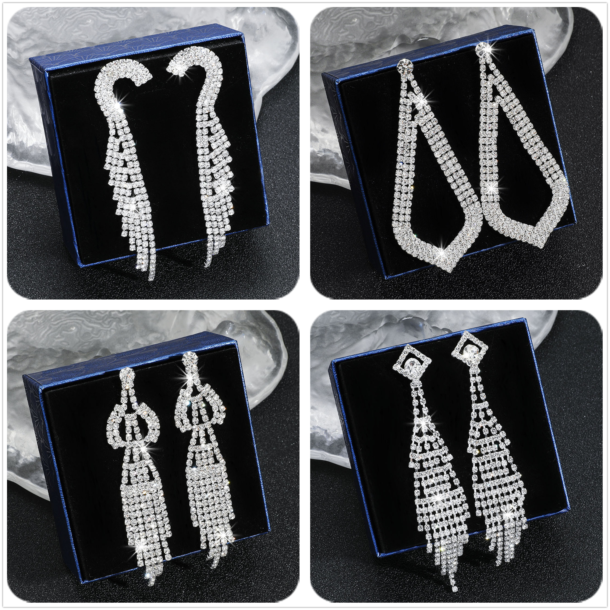 Exaggerated Geometric Rhinestone Tassel Drop Earrings 1 Pair