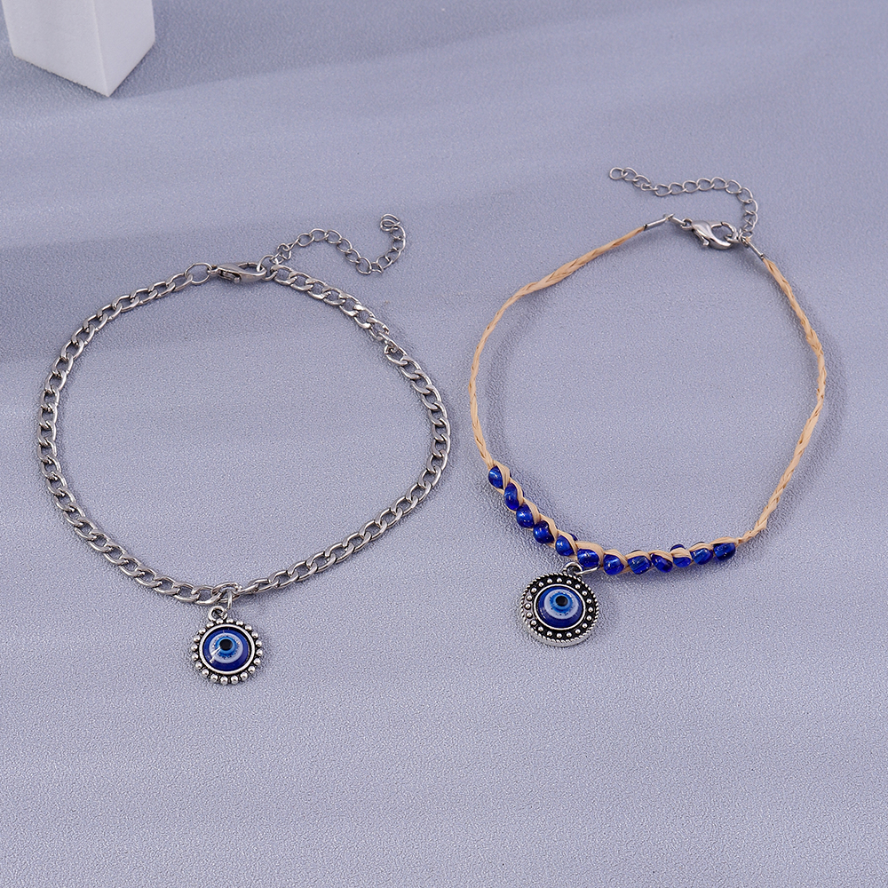 Ethnic Style Devilu0027S Eye Alloy Straw Braid Womenu0027S Anklet 2 Pieces